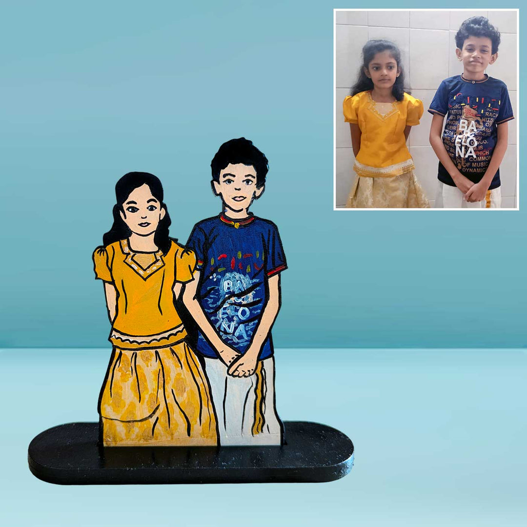 Photo Personalized Hand Painted Caricature Cutout With Stand Rakhi Gift With Chocolates And Roli Chawal Set Of 3 - Front View with Photo Example