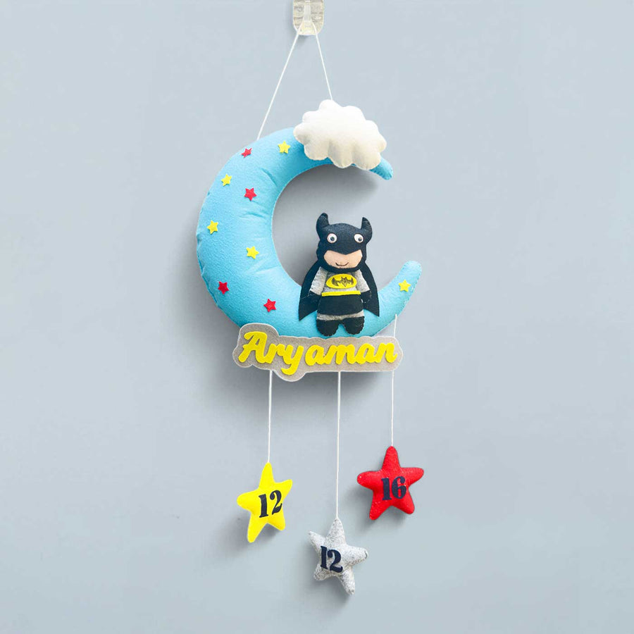 Personalized Batman On Moon Theme Felt Kids Name Plate - Hanging Front View with Name Personalization