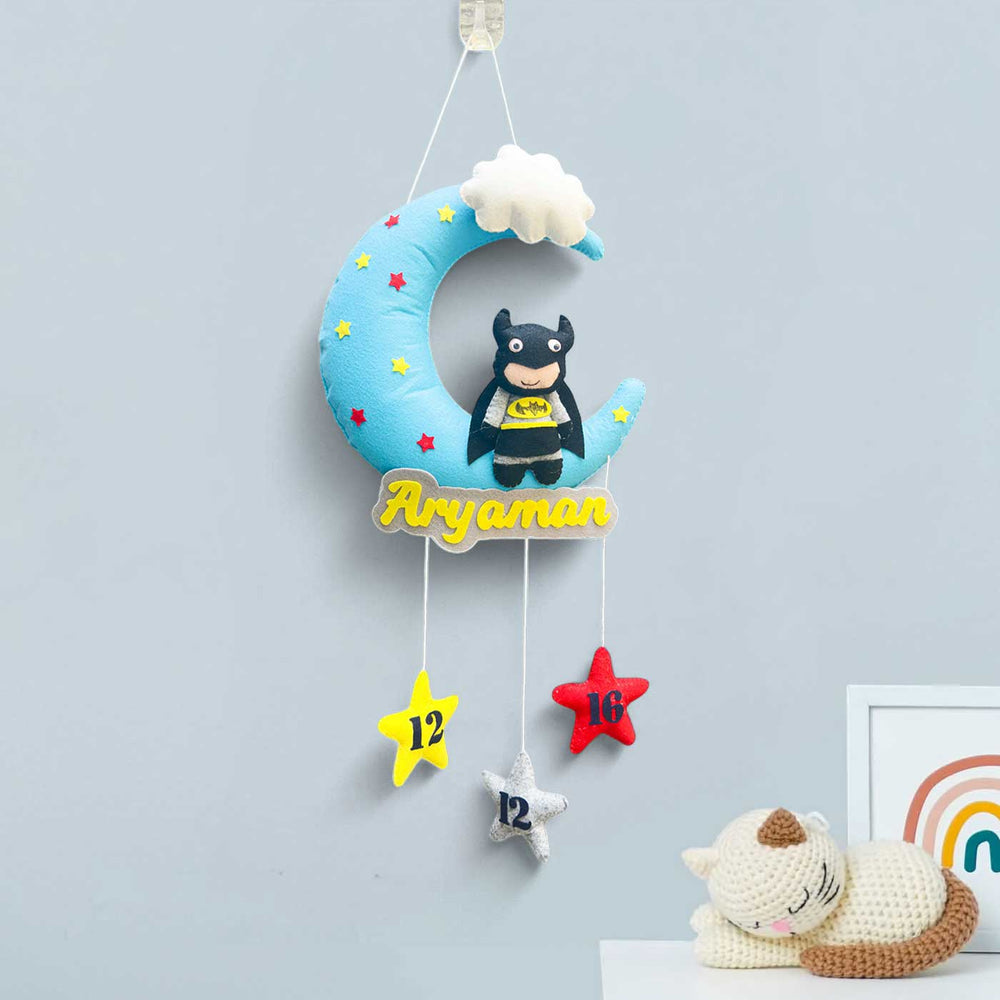 Personalized Batman On Moon Theme Felt Kids Name Plate - Hanging Wall Decoration Front View