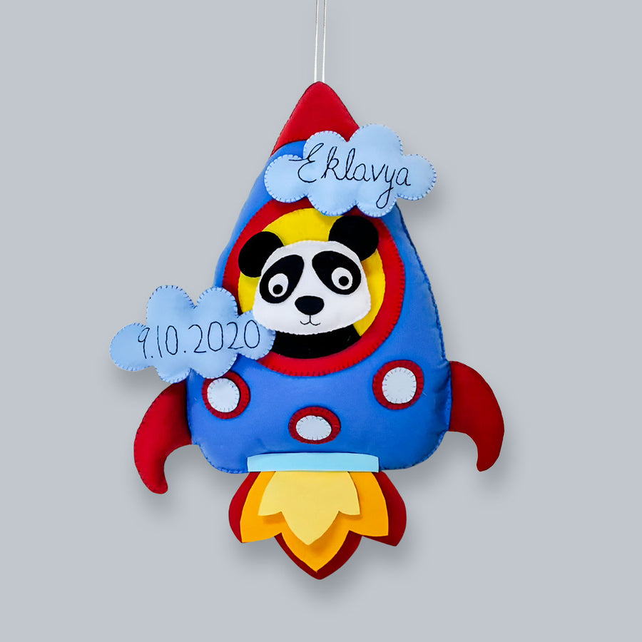 Personalized Rocket Theme Felt Kids Name Plate - Hanging with Name and Date Tags