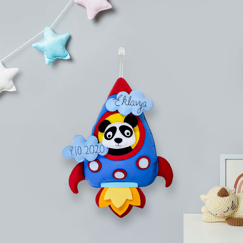Personalized Rocket Theme Felt Kids Name Plate - Front View Hanging on Hook