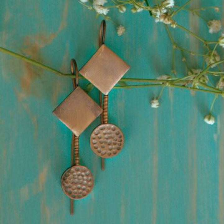 Handmade Beaten Circular Rhombus Hooks Brass Earrings