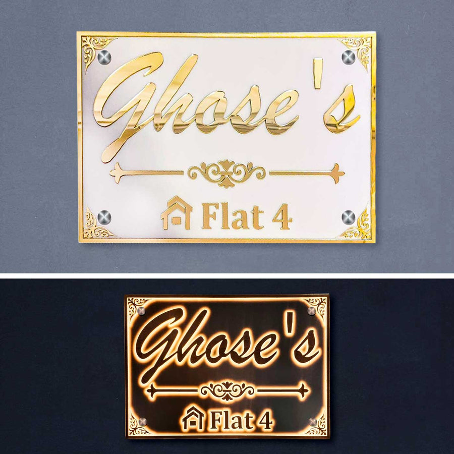 Personalized Waterproof Beautiful White And Gold Acrylic Led Name Plate - Front and Illuminated Wall Mounted Views