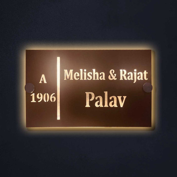 Personalized Waterproof Soft Gold Steel Led Name Plate - Front View Illuminated on Wall