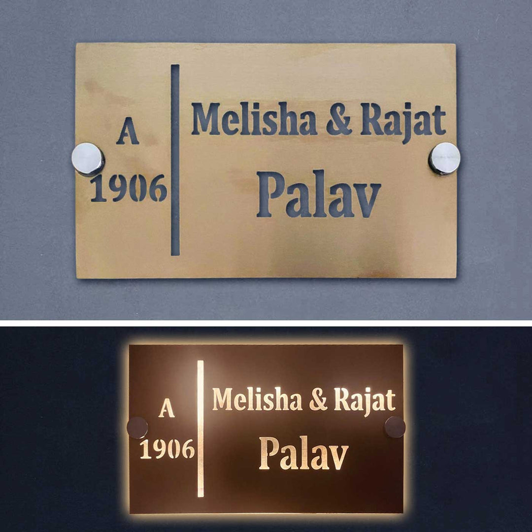 Personalized Waterproof Soft Gold Steel Led Name Plate - Front and Illuminated Wall Mount View