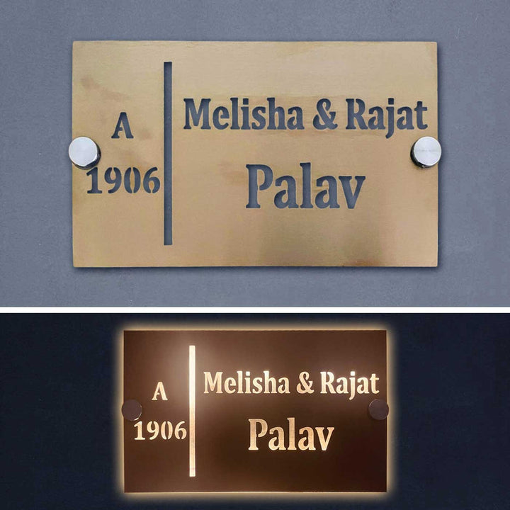 Personalized Waterproof Soft Gold Steel Led Name Plate - Front and Illuminated Wall Mount View