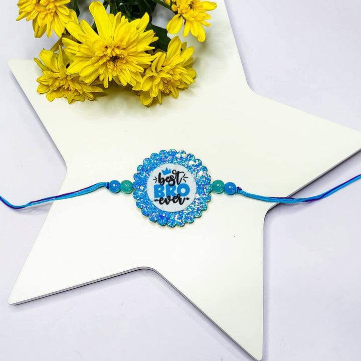 Sparkly Strong Bro Elephant Rakhi - Front View with Blue "Best Bro Ever" Design