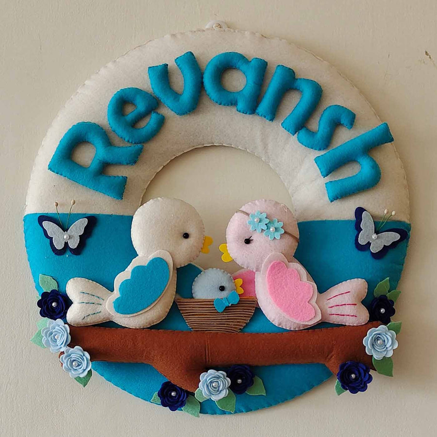 Hand Stitched Bird Family Themed Round Felt Kids Name Plate For New Born - Front View Hanging on Wall