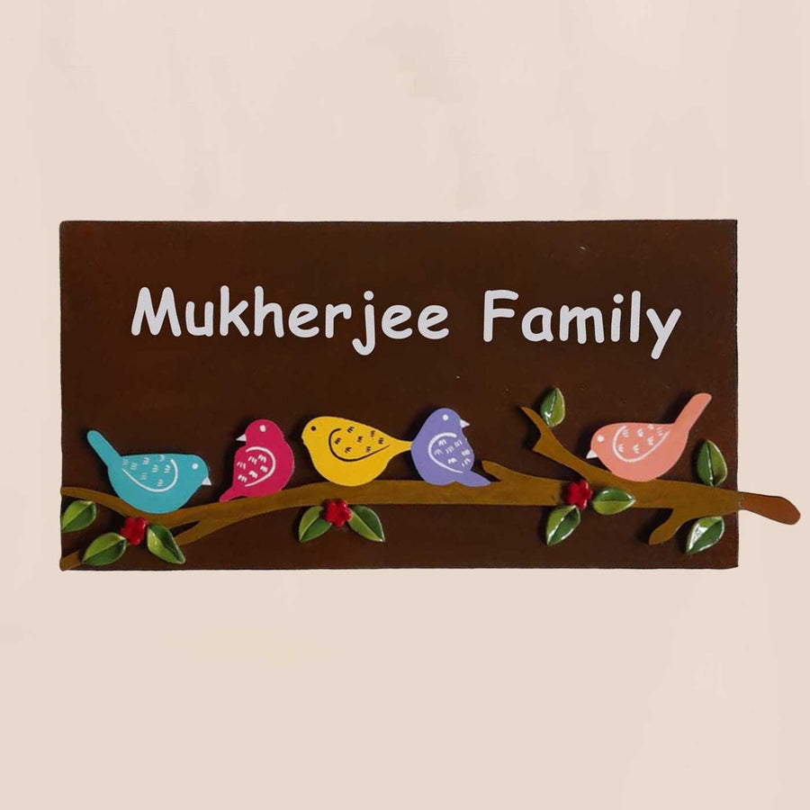 Personalized Handmade Birds On A Branch Rectangle Mdf Wood Name Plate - Front View Showing Personalized Text