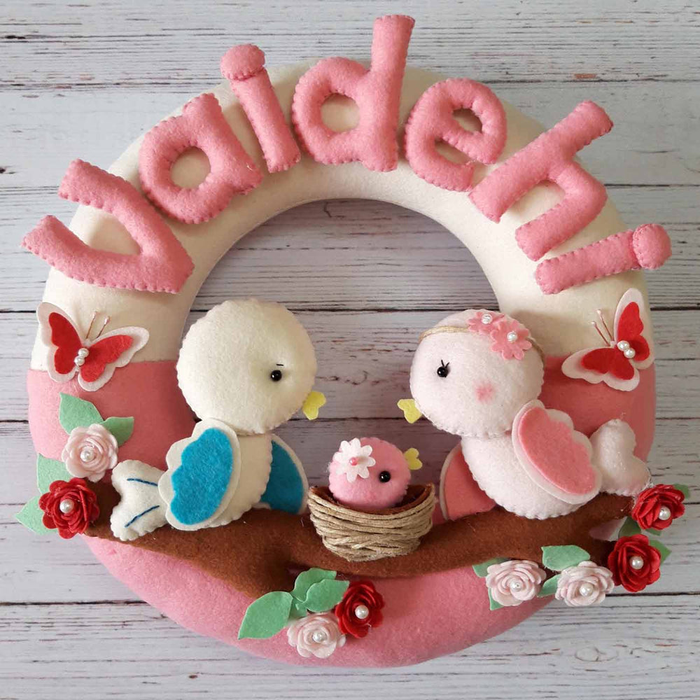 Hand Stitched Bird Family Themed Round Felt Kids Name Plate For New Born - Name Personalization Example Front View