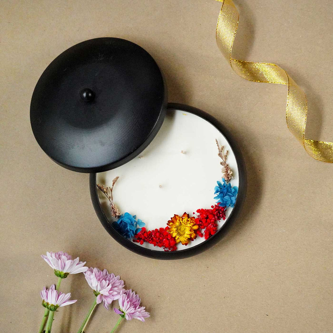 7 inch | Handmade Black Metal Urli Scented Candle With Dry Flowers