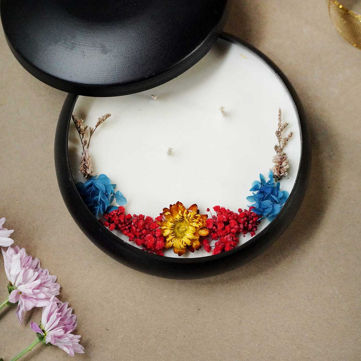 7 inch | Handmade Black Metal Urli Scented Candle With Dry Flowers