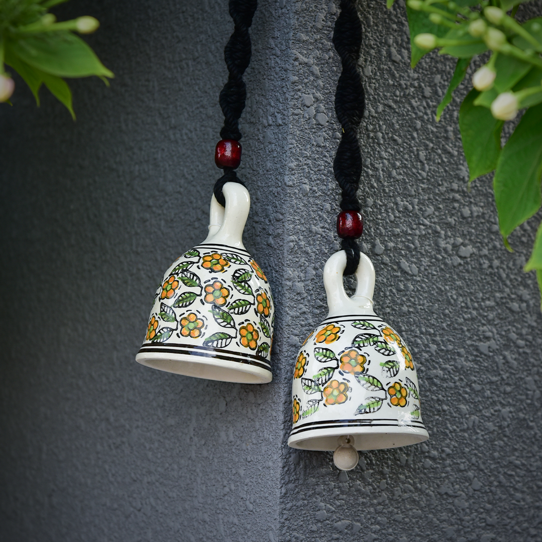 Hand Painted Ceramic Bells with Macrame Rope