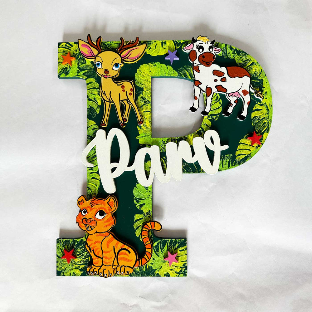 Personalized Hand Painted Jungle Animal Mdf Wood Monogram With 3D Letters - Front View with Name Personalization
