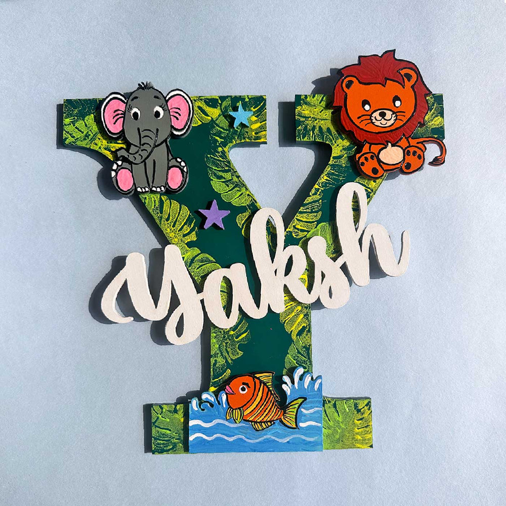 Personalized Hand Painted Jungle Animal Fish Mdf Wood Monogram With 3D Letters - Front View with Name Personalization