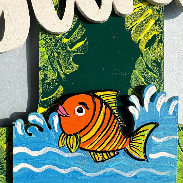 Personalized Hand Painted Jungle Animal Fish Mdf Wood Monogram With 3D Letters - Engraving Close-up