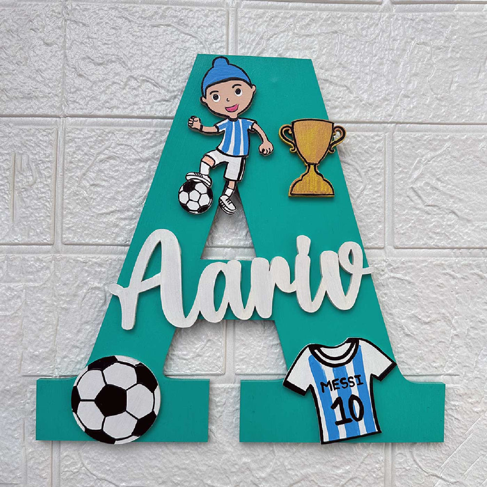 Personalized Hand Painted Messi Football Adventure Mdf Wood Monogram With 3D Letters - Front View with Personalized Decorations