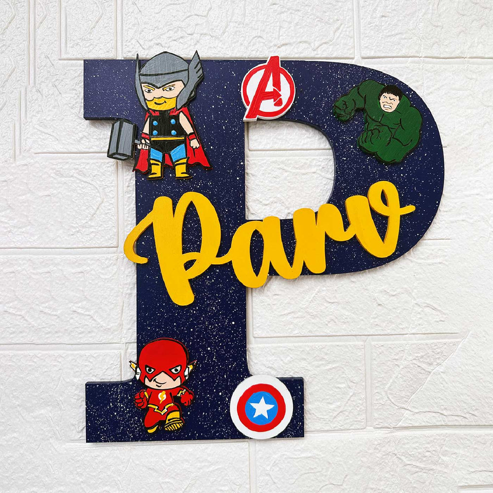 Personalized Hand Painted Avengers Adventure Mdf Wood Monogram With 3D Letters - Front View with Name Personalization