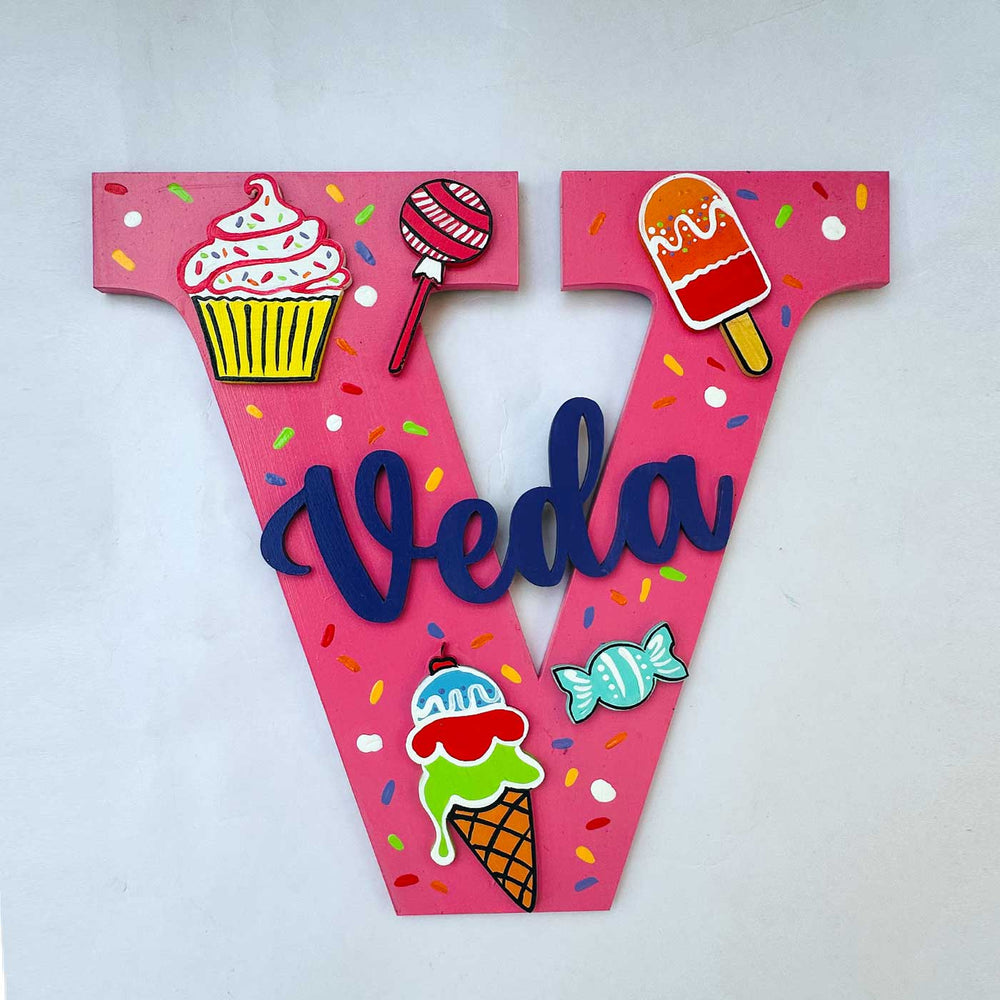 Personalized Hand Painted Candy Theme Mdf Wood Monogram With 3D Letters - Front View with Name Personalization