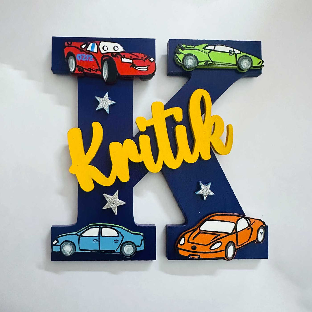 Personalized Hand Painted Car Theme Adventure Mdf Wood Monogram With 3D Letters - Front View with Name Personalization