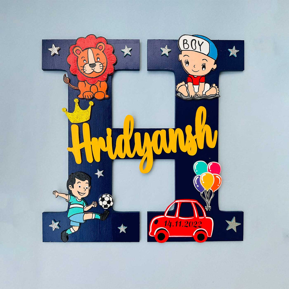 Personalized Hand Painted Baby Boy Sports Cars Mdf Wood Monogram With 3D Letters - Front View with Name Personalization
