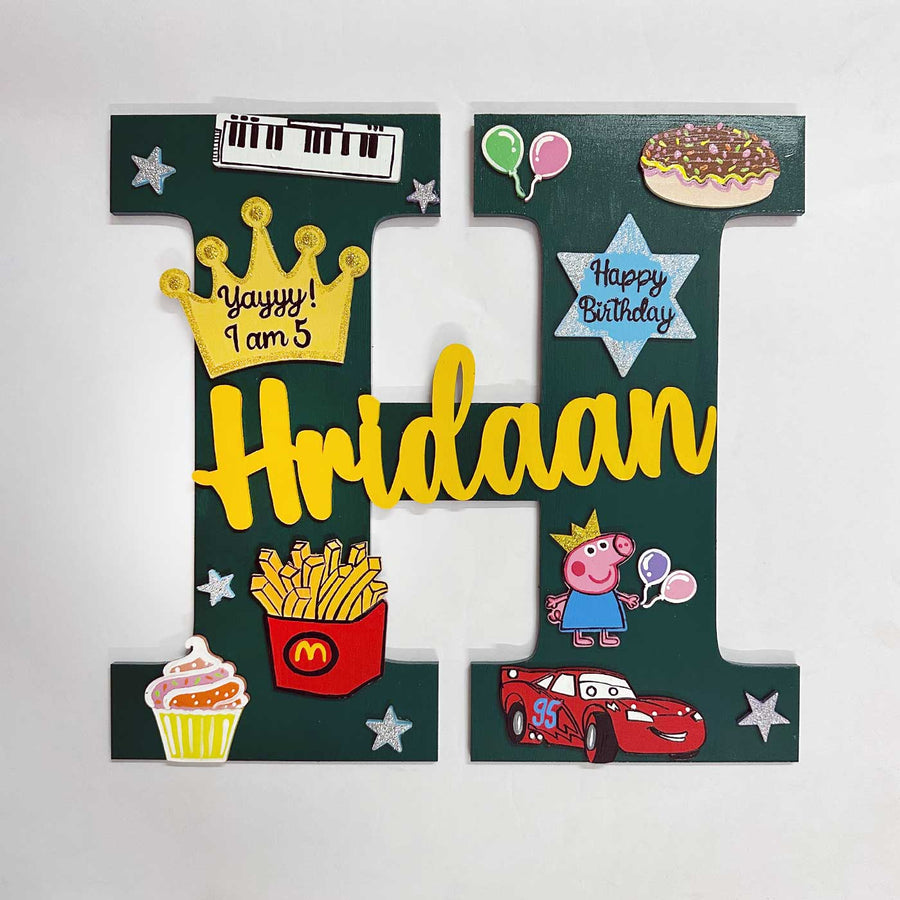 12 Inch Personalized Hand Painted Peppa Pig Sports Car Birthday Mdf Wood Monogram With 3D Letters - Front View with Name Personalization