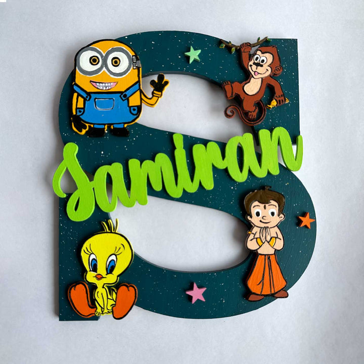 Personalized Hand Painted Cartoon Character Fun Mdf Wood Monogram With 3D Letters - Front View with Name Personalization