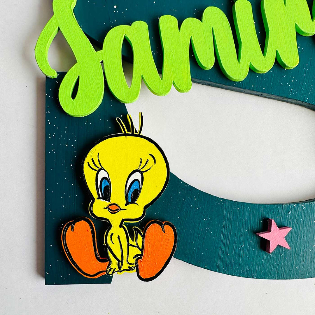 Personalized Hand Painted Cartoon Character Fun Mdf Wood Monogram With 3D Letters - Engraving and Character Close-up