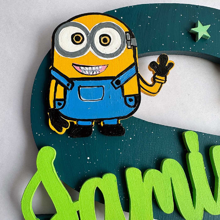 Personalized Hand Painted Cartoon Character Fun Mdf Wood Monogram With 3D Letters - Close-up of Character Detail