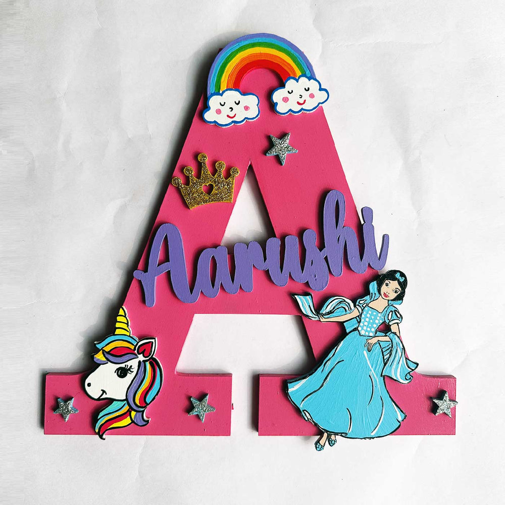 Personalized Hand Painted Disney Princess Magic Mdf Wood Monogram With 3D Letters - Front View with Name Personalization