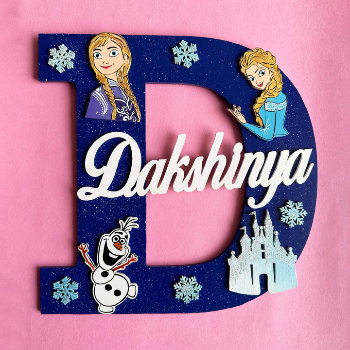 Personalized Hand Painted Elsa And Anna Adventure Mdf Wood Monogram With 3D Letters - Front View with Name Personalization