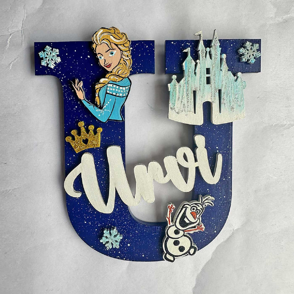Personalized Hand Painted Elsa Theme Adventure Mdf Wood Monogram With 3D Letters - Front View with Character Decorations