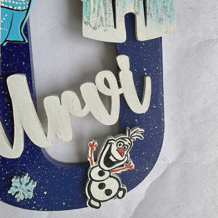 Personalized Hand Painted Elsa Theme Adventure Mdf Wood Monogram With 3D Letters - Close-up of Lower Detail Decoration