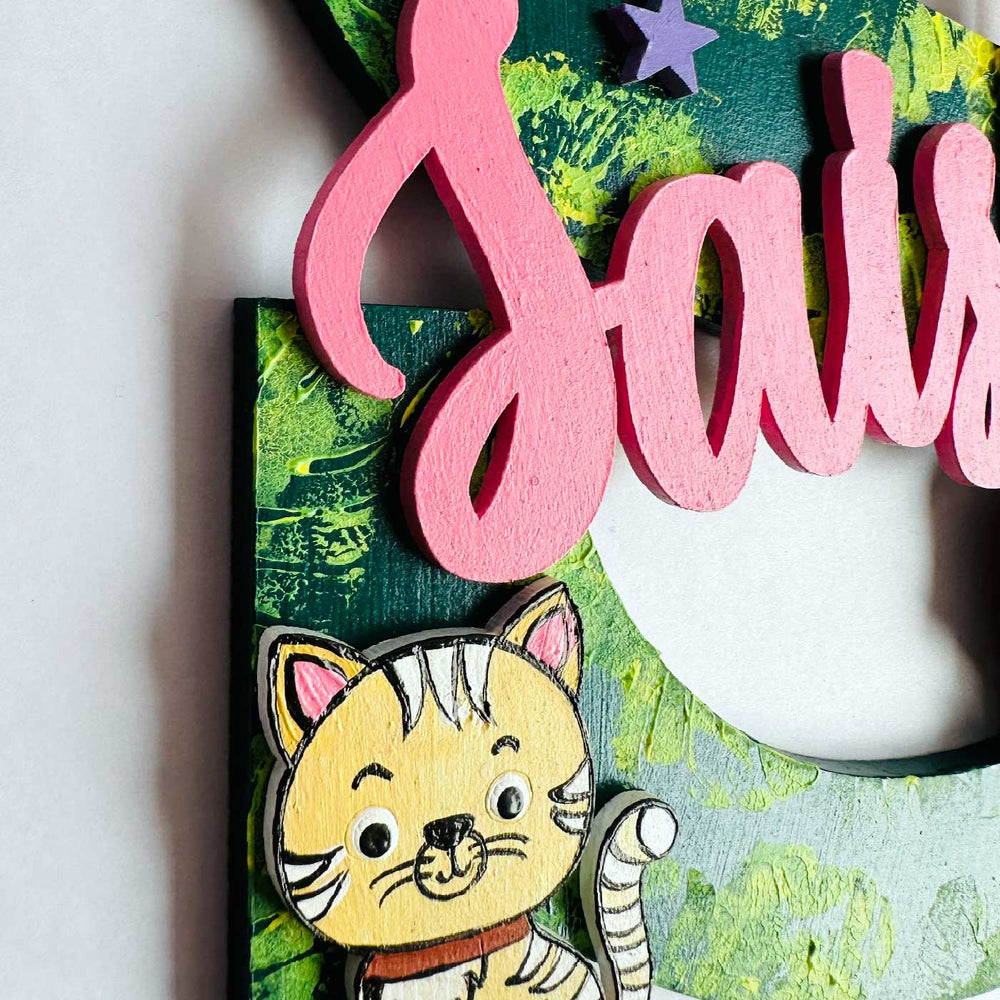 Personalized Hand Painted Jungle Adventure Mdf Wood Monogram With 3D Letters - Close-up Showing Lettering and Detail