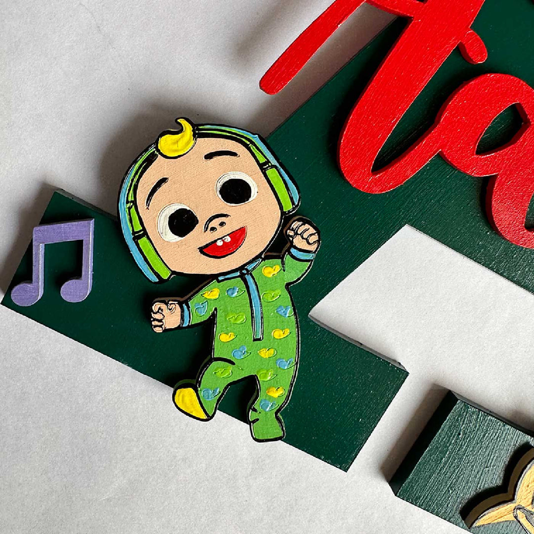 Personalized Hand Painted Cocomelon Fun Mdf Wood Monogram With 3D Letters - Close-up on Character Detail