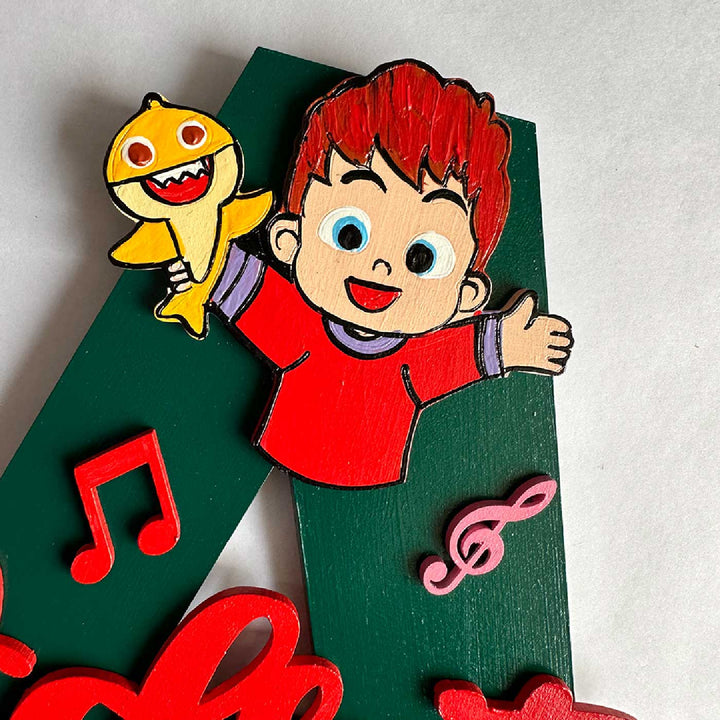Personalized Hand Painted Cocomelon Fun Mdf Wood Monogram With 3D Letters - Close-up showing character detail
