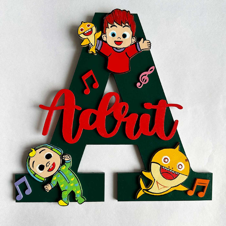 Personalized Hand Painted Cocomelon Fun Mdf Wood Monogram With 3D Letters - Front View with Name and Characters