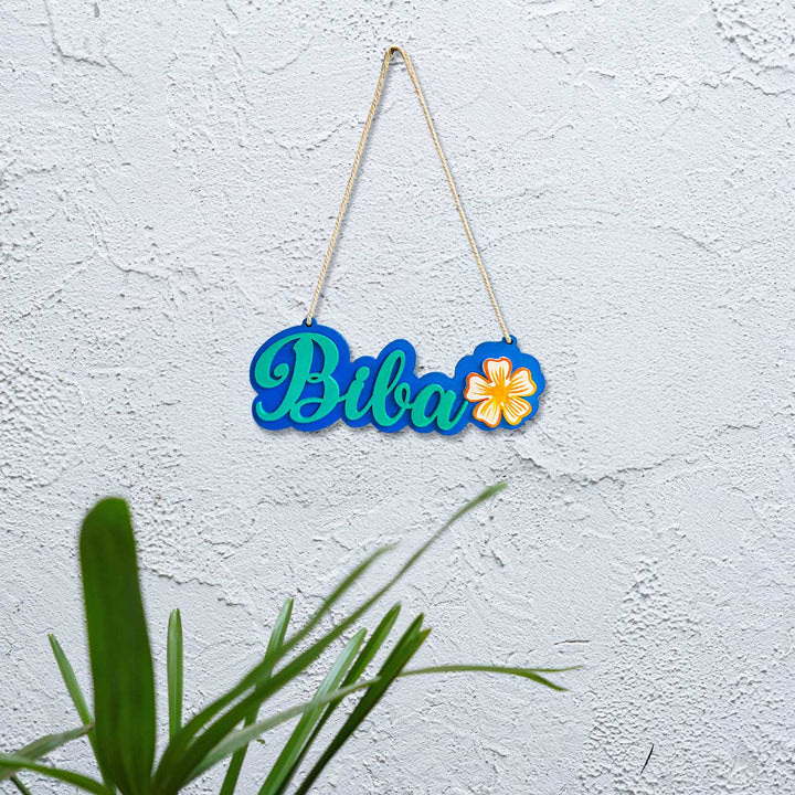 Personalized Hand Painted Character Mdf Wood Kids Name Plate - Hanging from Rope Against Wall