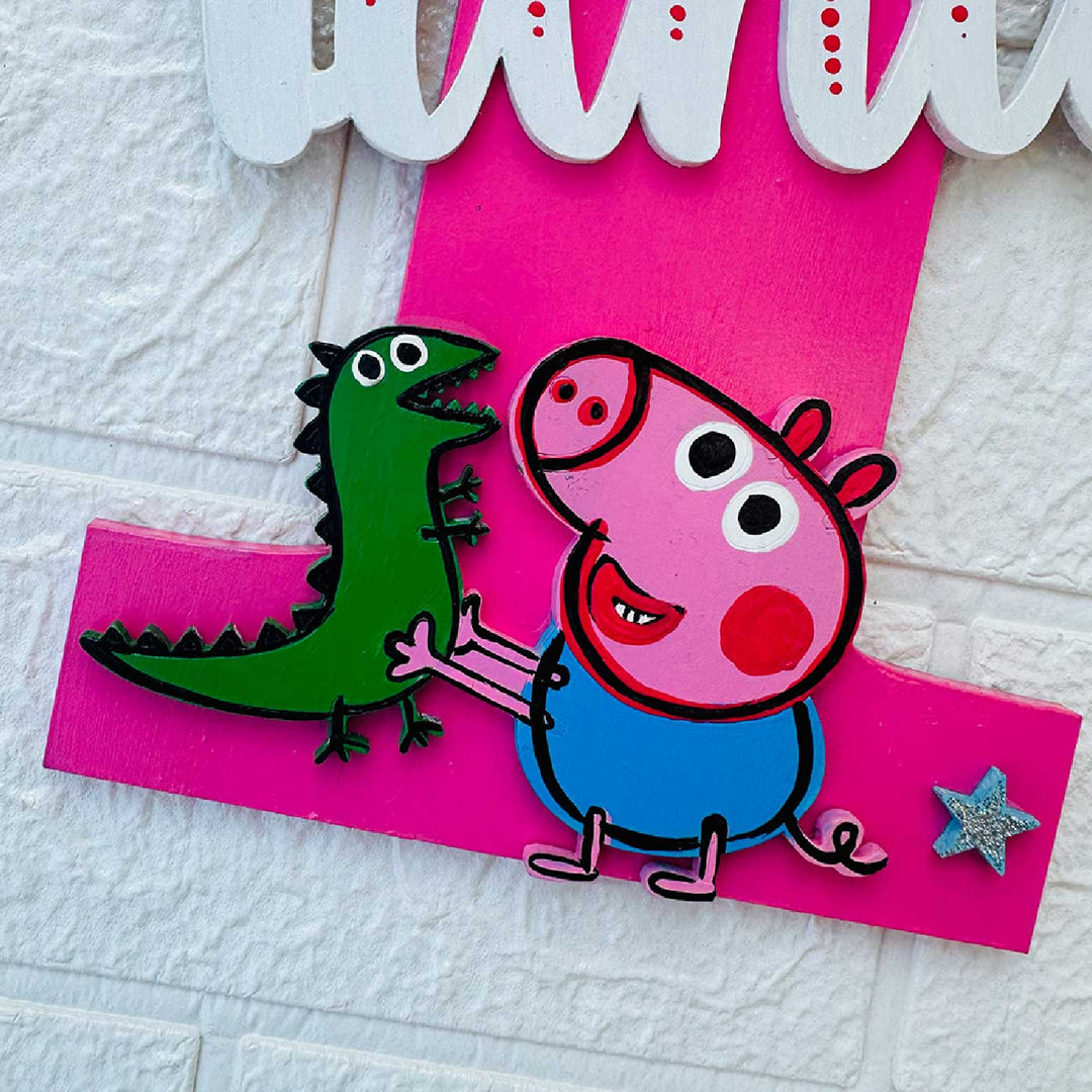 Personalized Hand Painted Peppa Pig Fun Mdf Wood Monogram With 3D Letters - Close-up on Character Detail