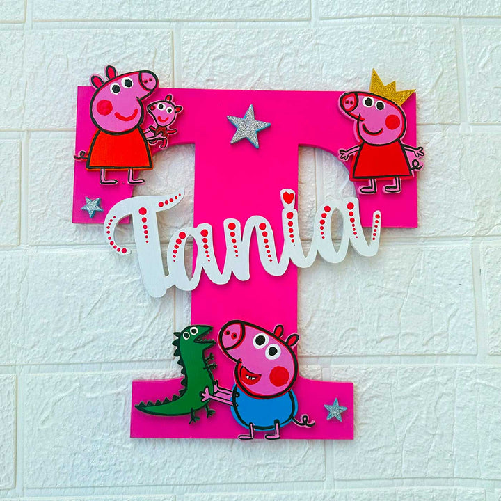 Personalized Hand Painted Peppa Pig Fun Mdf Wood Monogram With 3D Letters - Mounted on Wall Display
