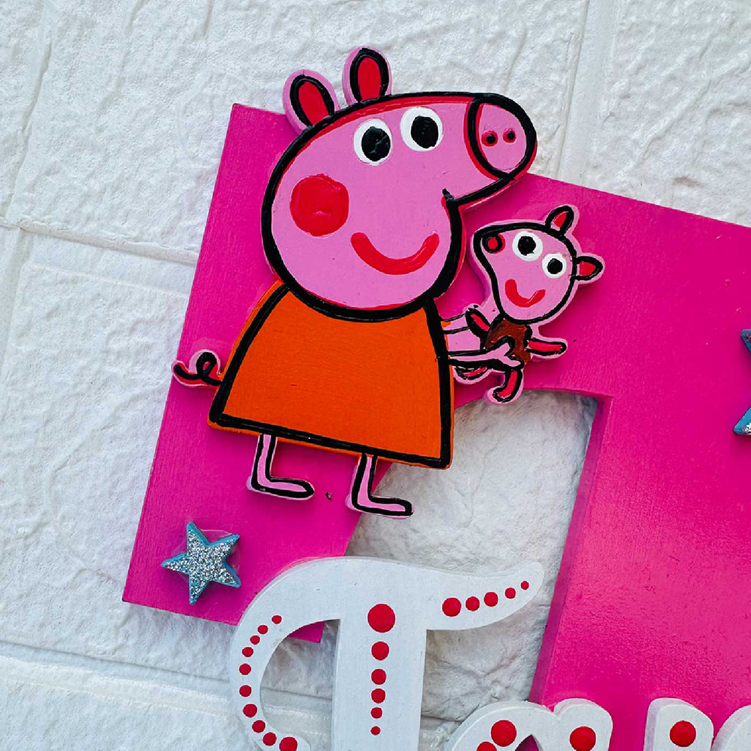 Personalized Hand Painted Peppa Pig Fun Mdf Wood Monogram With 3D Letters - Close-up of Character Decoration Detail