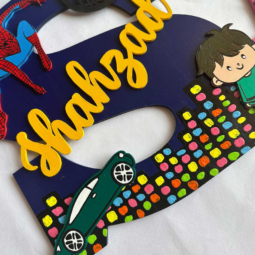 10 Inch Personalized Hand Painted Superhero Siblings Adventure Mdf Wood Monogram With 3D Letters - Name Personalization Close-up