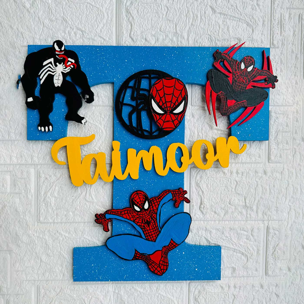 Personalized Hand Painted Spiderman Adventure Mdf Wood Monogram With 3D Letters - Hanging on White Wall Background