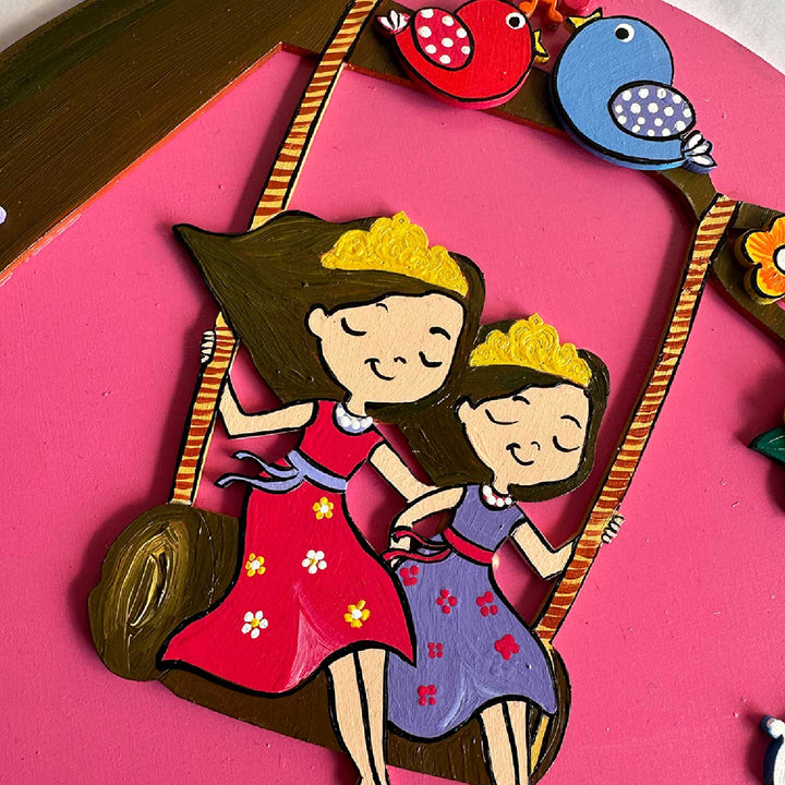 Personalized Hand Painted Swing Sisters Harmony Mdf Wood Kids Name Plate With 3D Letters - Close-up of Hanging Decorative Piece