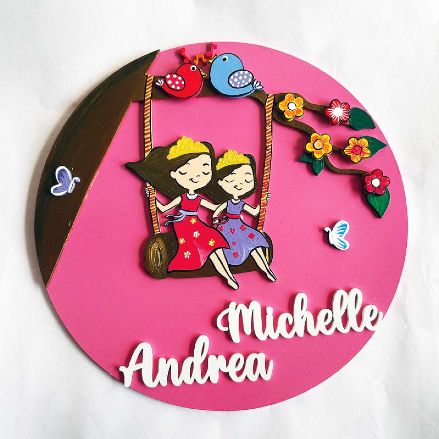 Personalized Hand Painted Swing Sisters Harmony Mdf Wood Kids Name Plate With 3D Letters - Front View with Name Personalization