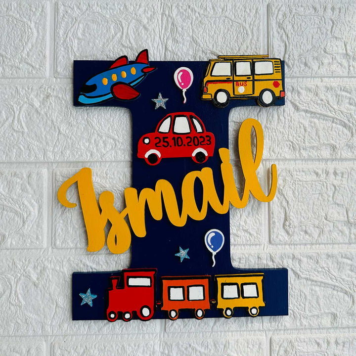 Personalized Hand Painted Transport Theme Mdf Wood Monogram With 3D Letters - Mounted on Textured Wall Background