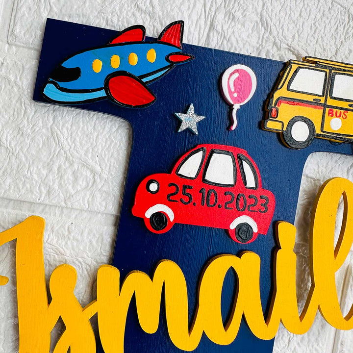 Personalized Hand Painted Transport Theme Mdf Wood Monogram With 3D Letters - Close-up of Name Personalization