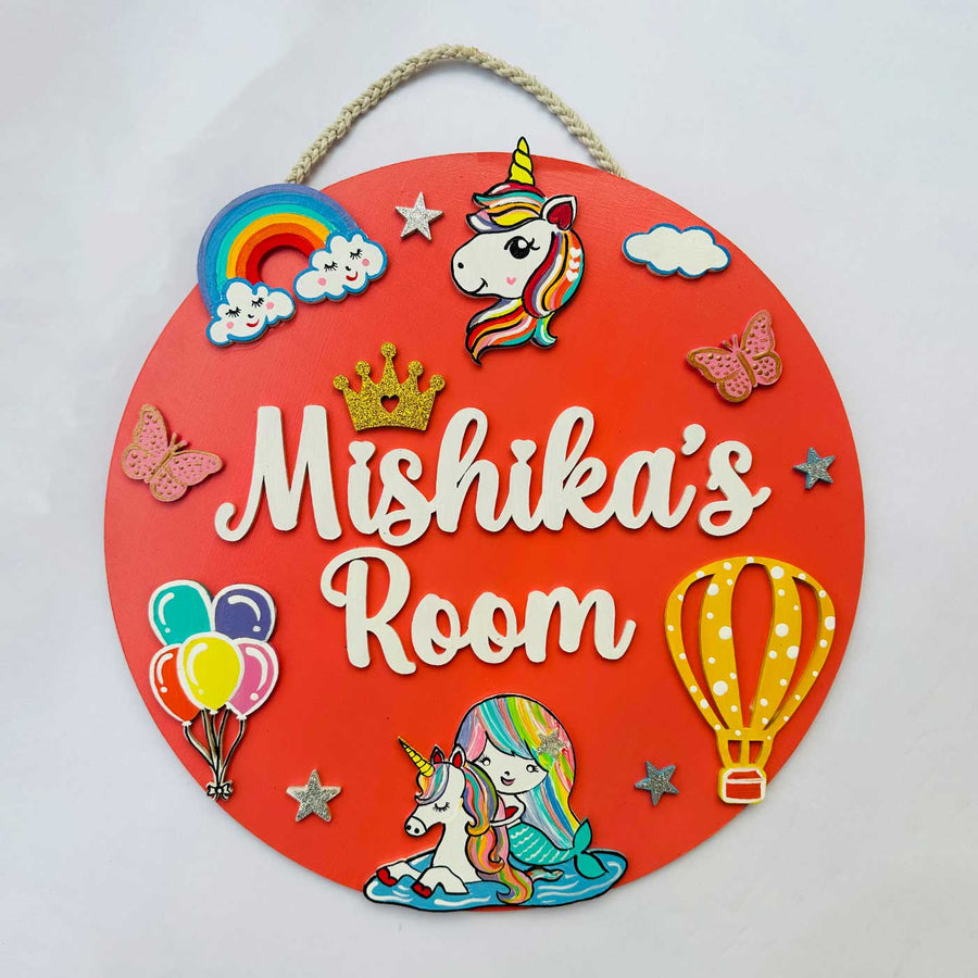 12 Inch Personalized Hand Painted Unicorn Mermaid Rainbow Mdf Wood Kids Name Plate With 3D Letters - Front View Hanging Wall Sign