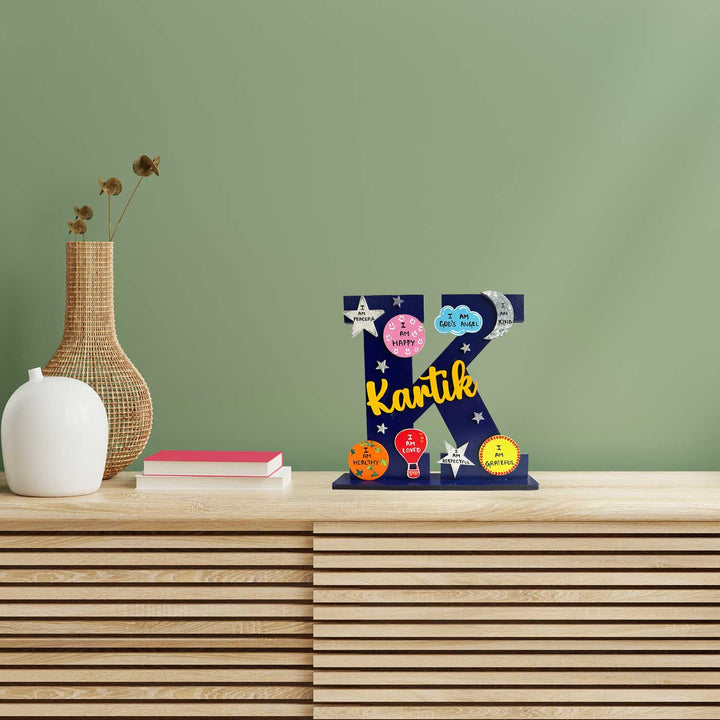 Hand Painted Personalized Table Top Kids Monogram Nameplate 4 - Front View on Shelf Display