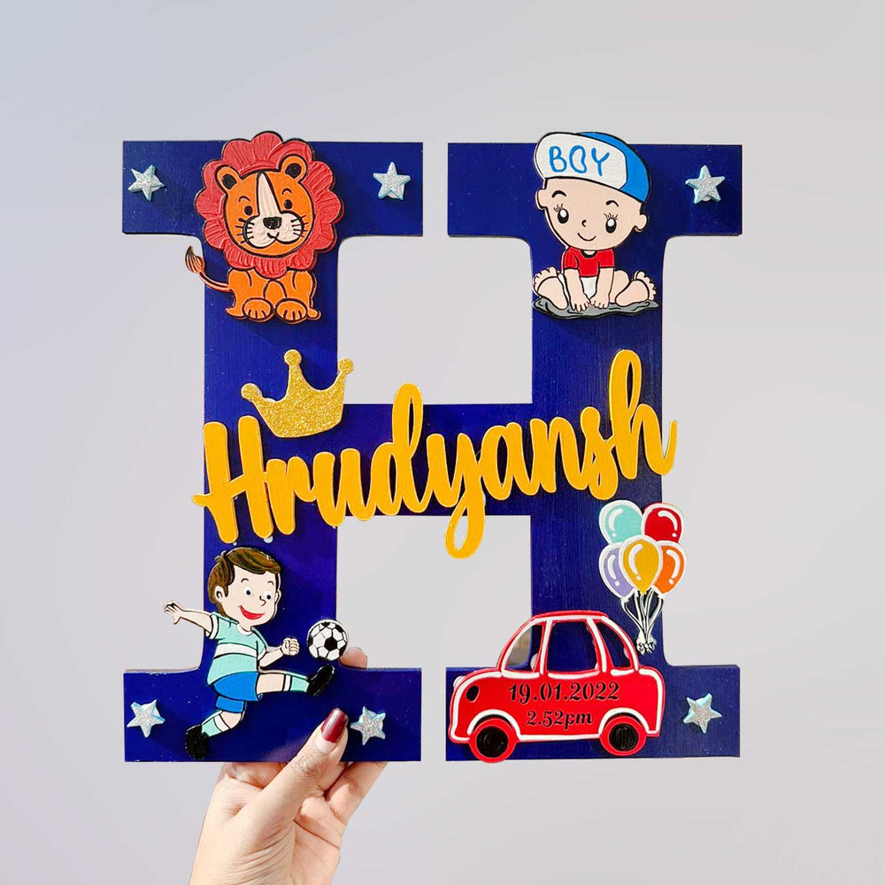 Handcrafted Personalized Baby Boy Themed Monogram Mdf Nameplate - Handheld Showing Name Personalization